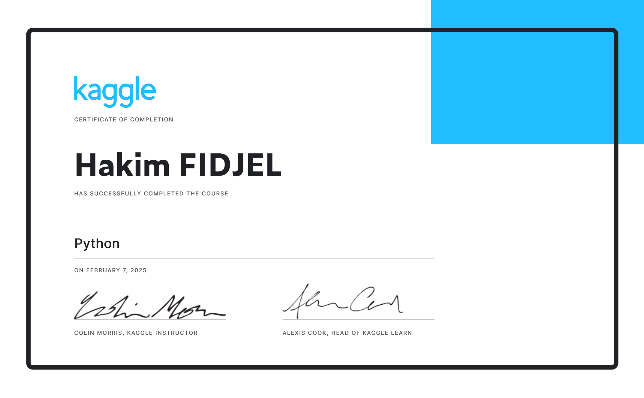 Kaggle Certificate for Python Course Completion
